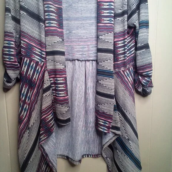 About A Girl Open Front Blouse Top M 3/4 Sleeve Stripe Colorful - Picture 9 of 13